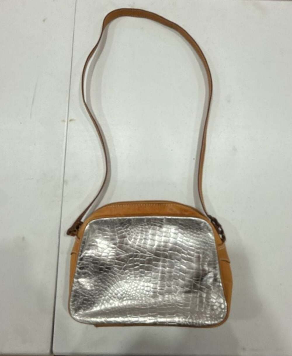 Morgan Taylor Vintage Tan Leather/Silver Metallic Croc-Embossed Crossbody Bag
